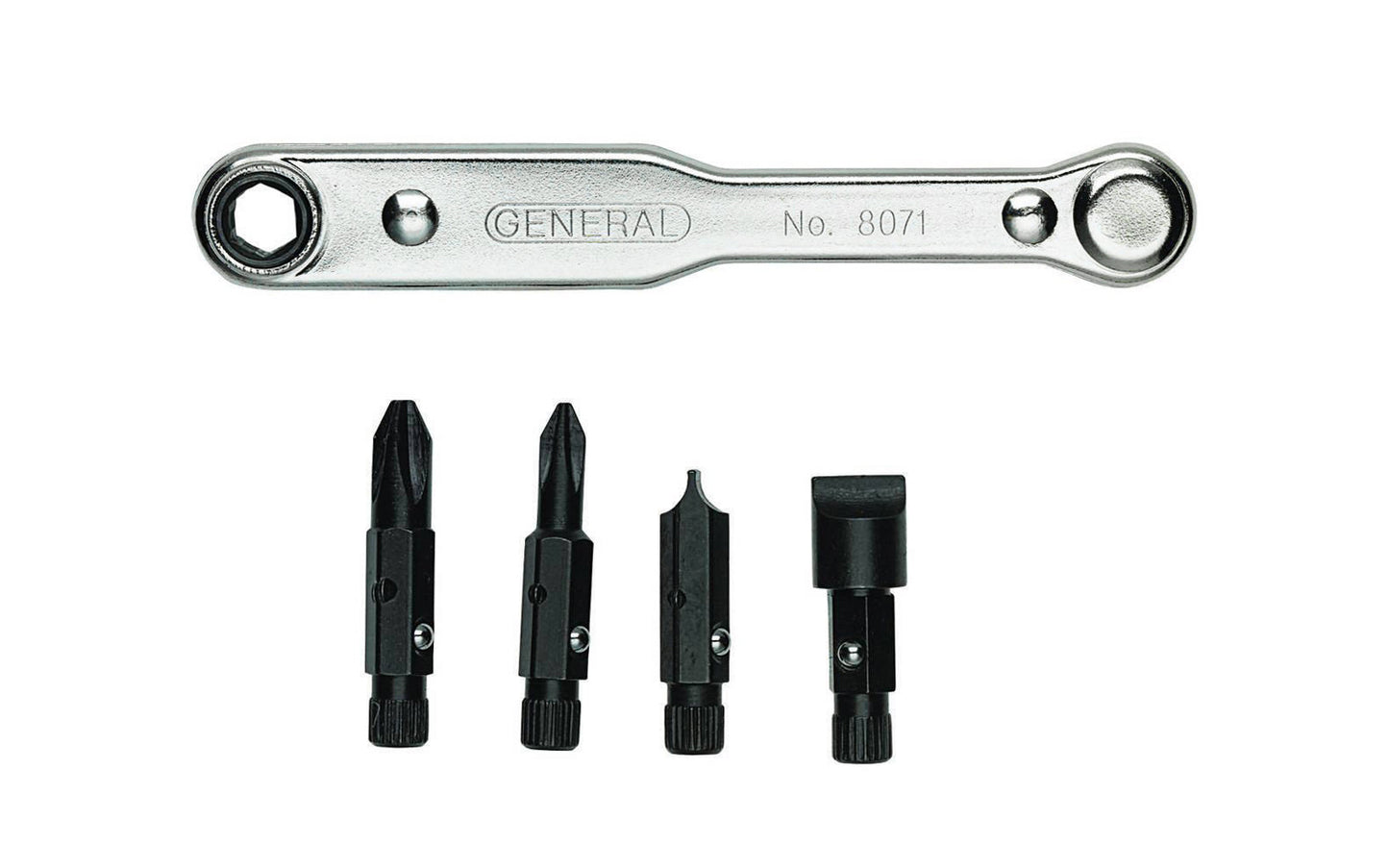General Tools Ratcheting Screwdriver Set - 5 Piece Set - Model No. 8071 ~ #1 & #2 Phillips - 1/4" & 3/8" slotted bits