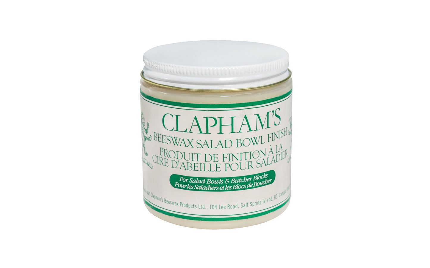 Clapham's Beeswax Salad Bowl & Butcher Block Finish - Made in Canada - Made of natural beeswax & food safe mineral oil - Excellent for use on salad & fruit bowls, butcher blocks, cutting boards & children's wooden toys & cribs - 1.75 oz - 7 oz - Jar - Food safe - Food grade - natural