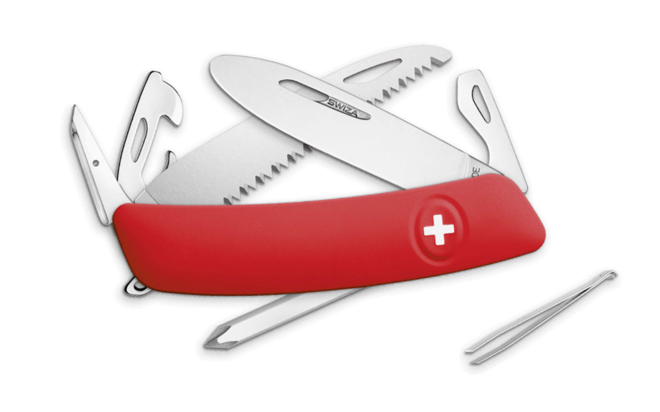 Swiza J06 Red Swiss Multi-Tool Knife. 3-3/4" closed length. Includes 75 mm blade, saw blade, blade lock, reamer/punch, sewing awl, bottle opener, #3 slotted screwdriver, #1 slotted screwdriver, #1 phillips screwdriver, wire bender, can opener, tweezers. Swiss Army Style Knife. Made in Switzerland.