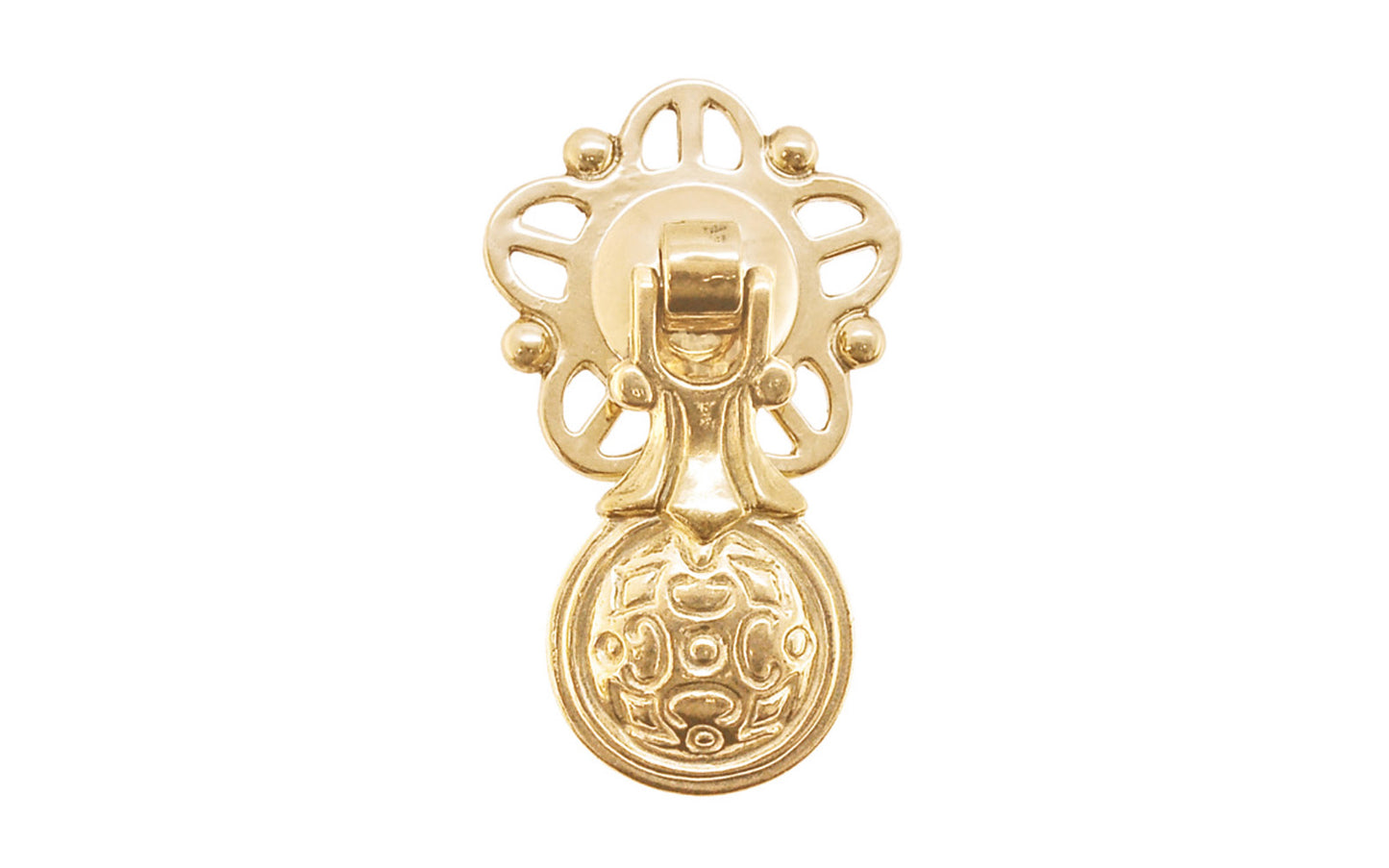 Vintage-style Hardware ·  Colonial Revival style solid brass pendant pull. Unlacquered brass (un-lacquered brass will patina) 1-1/2" Diameter Backplate.