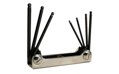 This Eklind Fold-Up 7-PC Ball Hex Wrench Key SAE Set. 1/16", 5/64", 3/32", 7/64", 1/8", 9/64", & 5/32"sizes. Allen wrench set is manufactured using the finest quality alloy steel. Hardened, tempered & finished with Eklind black finish to resist rust. Fold Up Ball Allen Set. Eklind model 20719. Made in USA.
