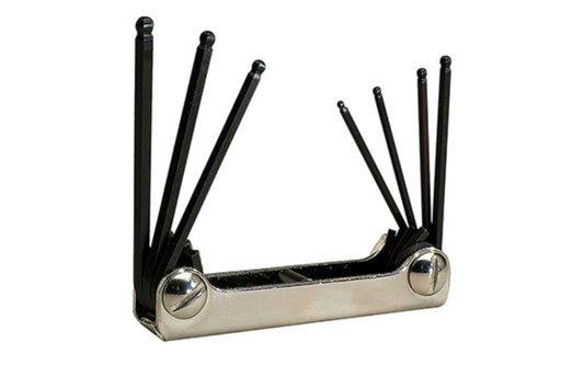This Eklind Fold-Up 7-PC Ball Hex Wrench Key SAE Set. 1/16", 5/64", 3/32", 7/64", 1/8", 9/64", & 5/32"sizes. Allen wrench set is manufactured using the finest quality alloy steel. Hardened, tempered & finished with Eklind black finish to resist rust. Fold Up Ball Allen Set. Eklind model 20719. Made in USA.