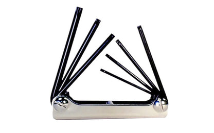 This Eklind Fold-Up 7-PC Wrench Key Torx  Set. T10,  T15,  T20,  T25,  T27,  T30,  &  T40 sizes. Allen wrench set is manufactured using the finest quality alloy steel. It is hardened, tempered & finished with Eklind black finish to resist rust. Fold Up Torx Set. Eklind model 22571. Made in USA.