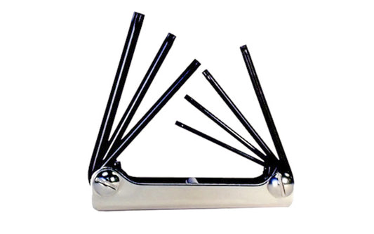 This Eklind Fold-Up 7-PC Wrench Key Torx  Set. T10,  T15,  T20,  T25,  T27,  T30,  &  T40 sizes. Allen wrench set is manufactured using the finest quality alloy steel. It is hardened, tempered & finished with Eklind black finish to resist rust. Fold Up Torx Set. Eklind model 22571. Made in USA.