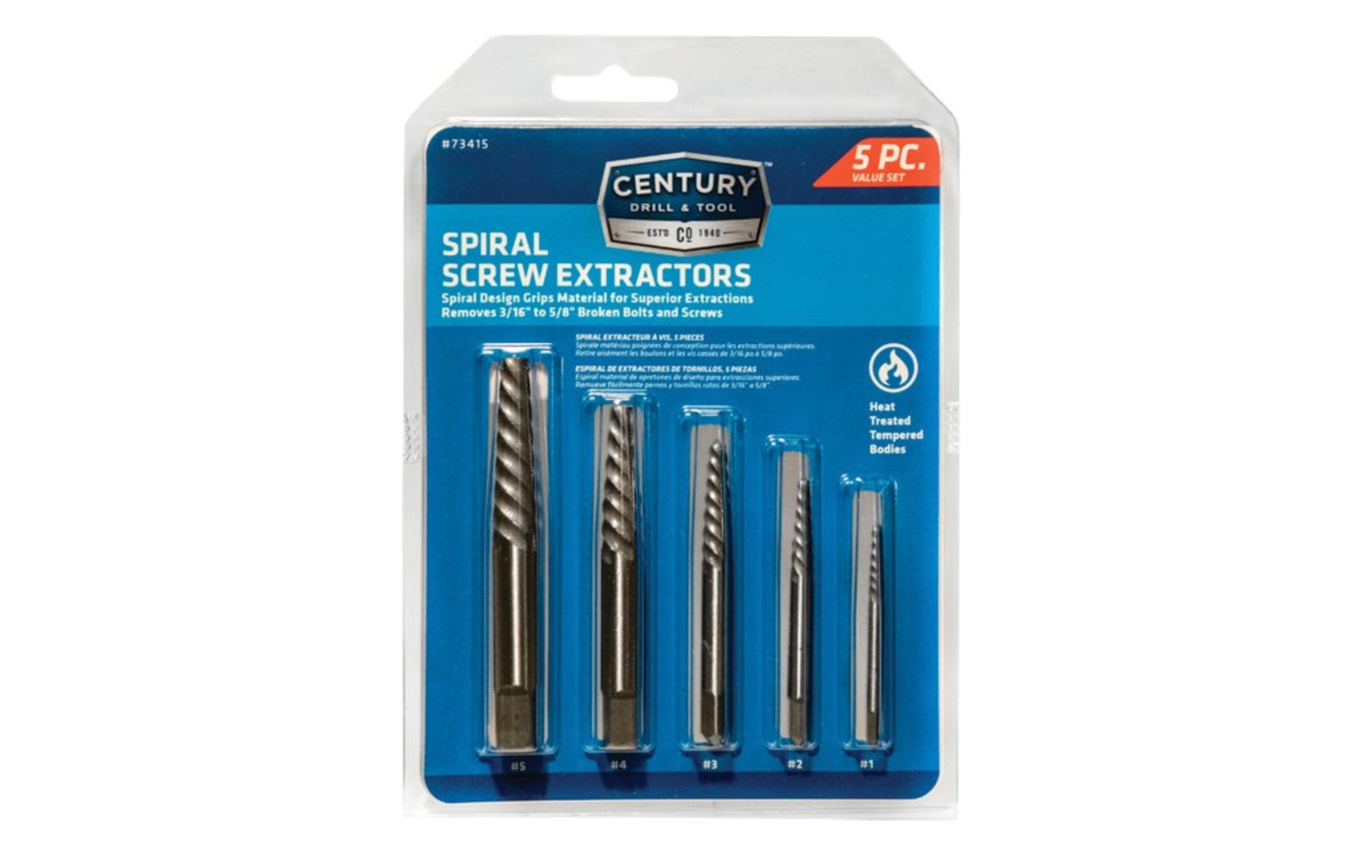 A Spiral Flute Screw Extractor made by Century Drill & Tool. Remove broken bolts & screws with these spiral shaft extractors. For best results, first use a left handed drill bit in broken screw or bolt to loosen, then use the proper screw extractor. Using a tap wrench, turn counter-clockwise to remove fastener.  Made in Japan.