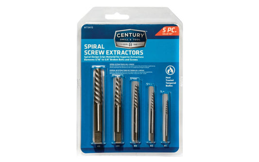 A Spiral Flute Screw Extractor made by Century Drill & Tool. Remove broken bolts & screws with these spiral shaft extractors. For best results, first use a left handed drill bit in broken screw or bolt to loosen, then use the proper screw extractor. Using a tap wrench, turn counter-clockwise to remove fastener.  Made in Japan.