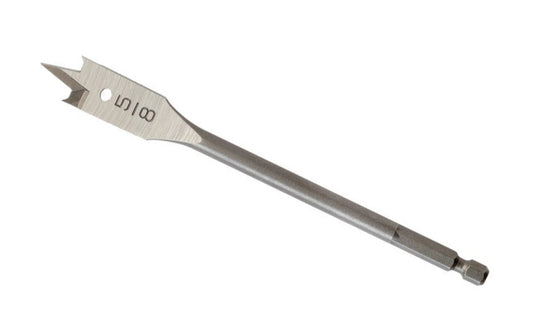 5/8" spade bit made by Milwaukee. These spade bits are great for fast cutting of holes in wood. They have precision ground spurs for a smooth finish. Heat treated for long life. The spade drilling bit has a quick change 1/4" hex ball shank. 6" long Milwaukee Paddle bit.