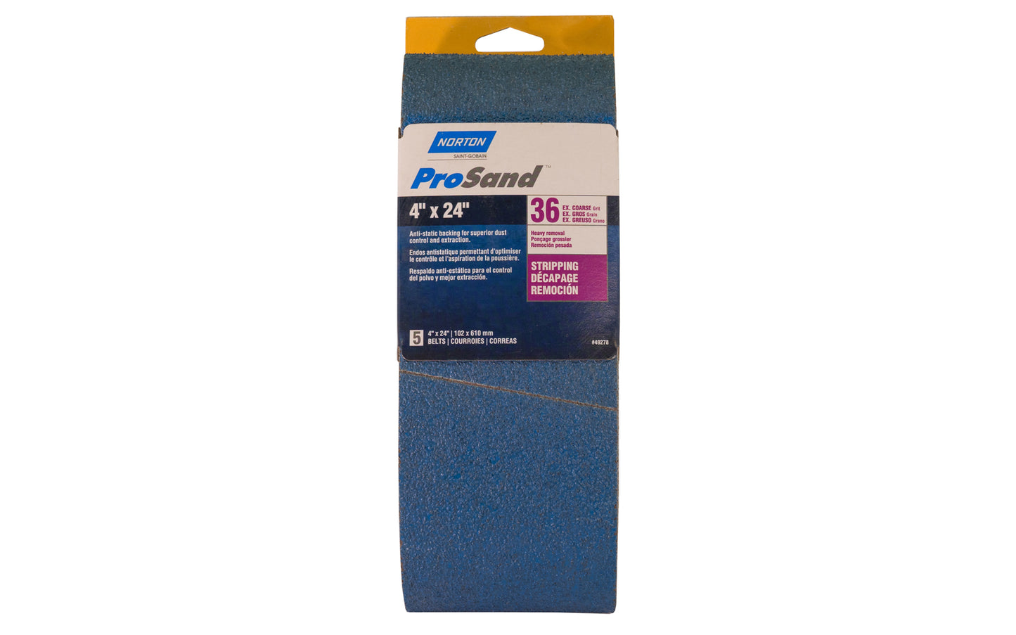 Norton "ProSand" 4" x 24" Sanding Abrasive Belts - 36 Grit. Pro Sand Zirconia Alumina Abrasive Sanding Belts. Anti-static backing for superior dust control & extraction. For heavy stripping & removal. 5 Pack. Made in USA. Model 49278