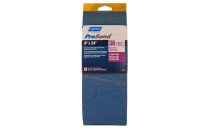 Norton "ProSand" 4" x 24" Sanding Abrasive Belts - 36 Grit. Pro Sand Zirconia Alumina Abrasive Sanding Belts. Anti-static backing for superior dust control & extraction. For heavy stripping & removal. 5 Pack. Made in USA. Model 49278