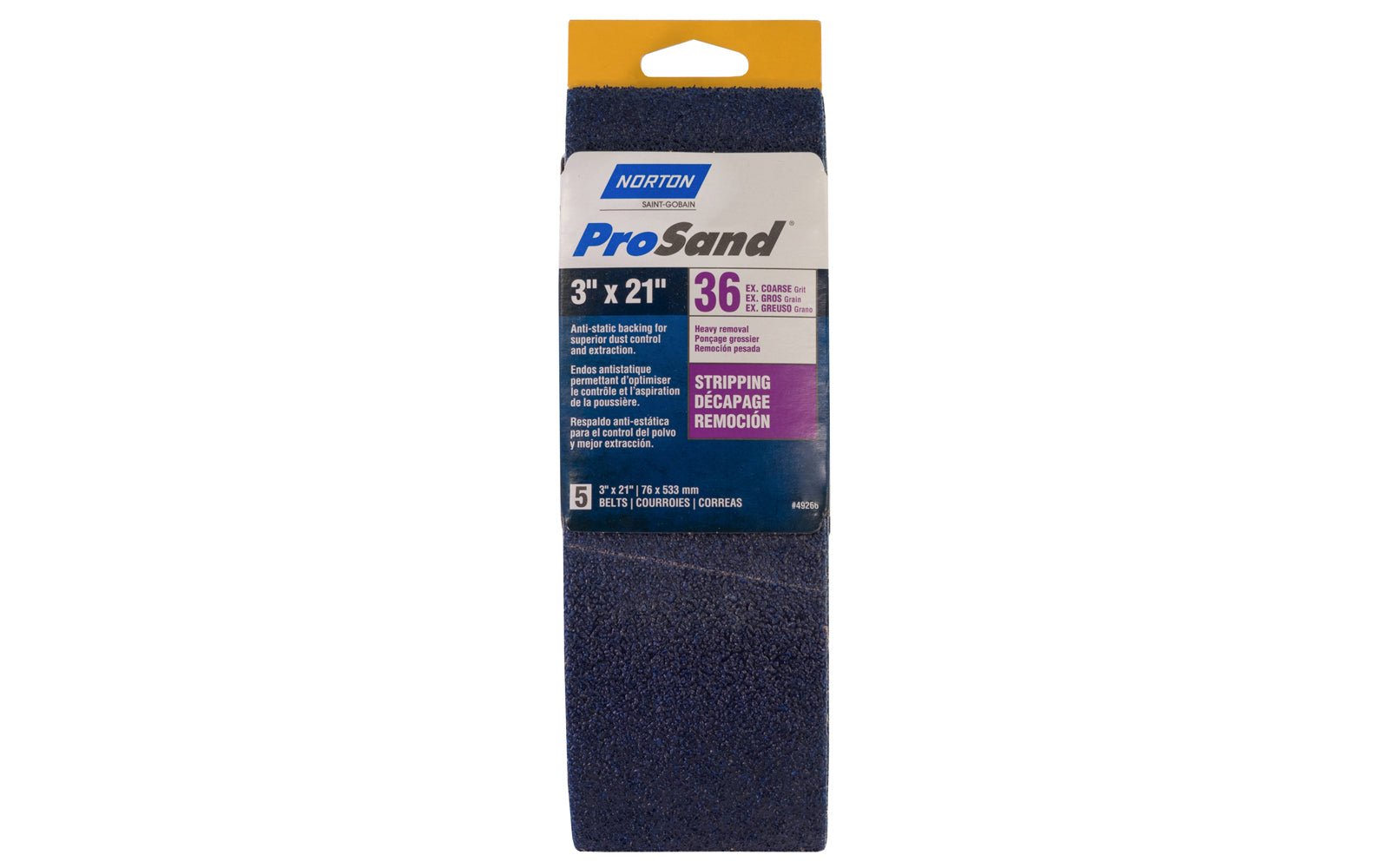 Norton "ProSand" 3" x 21" Sanding Abrasive Belts - 36 Grit. Pro Sand Zirconia Alumina Abrasive Sanding Belts. Anti-static backing for superior dust control & extraction. For heavy stripping & removal. 5 Pack. Made in USA. Model 49266