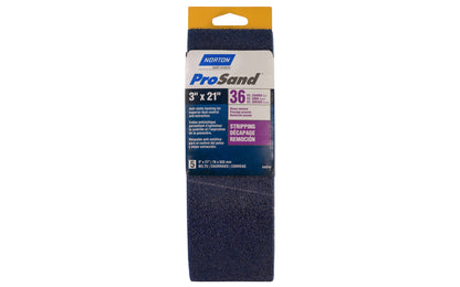 Norton "ProSand" 3" x 21" Sanding Abrasive Belts - 36 Grit. Pro Sand Zirconia Alumina Abrasive Sanding Belts. Anti-static backing for superior dust control & extraction. For heavy stripping & removal. 5 Pack. Made in USA. Model 49266