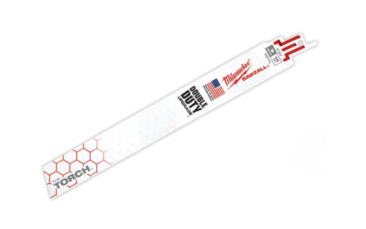 Milwaukee 9" Reciprocating Saw Blade "Demolition" - 14 T - 48-00-5787 SINGLE. 9" overall length. 14 TPI. Sold as a single recip blade. "Double Duty" Sawzall blade. Made in USA.