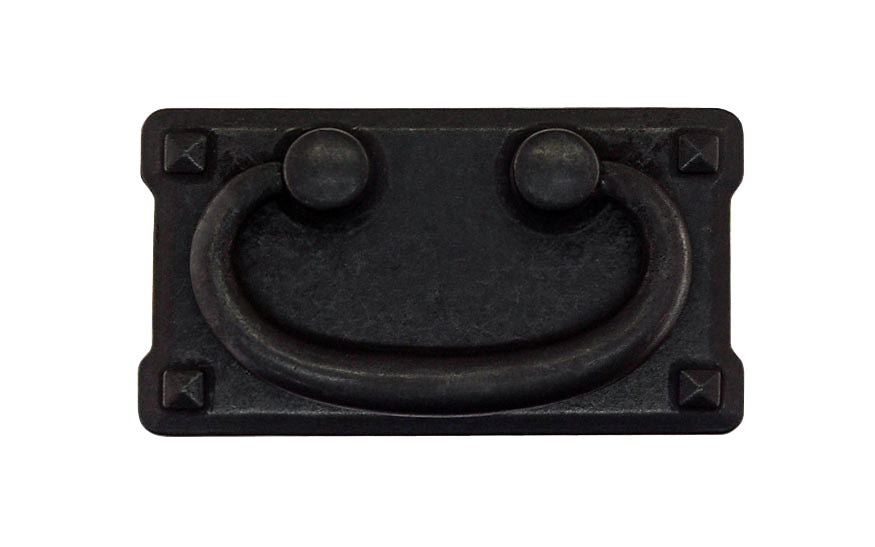 Vintage-style Hardware · Mission-Style Drop Pull ~ Larger Size designed in the Mission / Arts & Crafts style of hardware. 2" high x 3-3/4" wide plate size. Distressed Black Finish