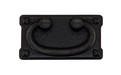 Vintage-style Hardware · Mission-Style Drop Pull ~ Larger Size designed in the Mission / Arts & Crafts style of hardware. 2" high x 3-3/4" wide plate size. Distressed Black Finish