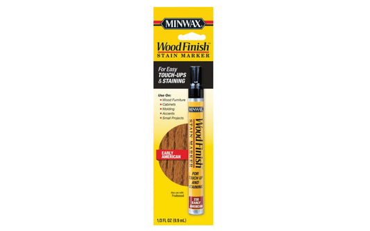 Minwax Stain Marker - Early American. Color-matched to Minwax stains: Fruitwood, Early American finishes. Use on furniture, cabinets, wood molding, accents, small projects, other finished wood surfaces. Quick & easy touch-ups & staining. Minwax touch up stain pen. Touch-up stain marker.