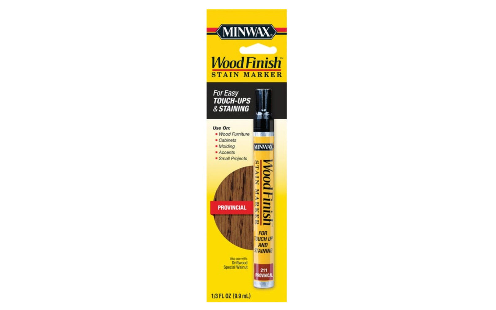 Minwax Stain Marker - Provincial. Color-matched to Minwax stains: Driftwood, Special Walnut finishes. For use on furniture, cabinets, wood molding, accents, small projects, other finished wood surfaces. Quick & easy touch-ups & staining. Minwax touch up stain pen. Touch-up stain marker.