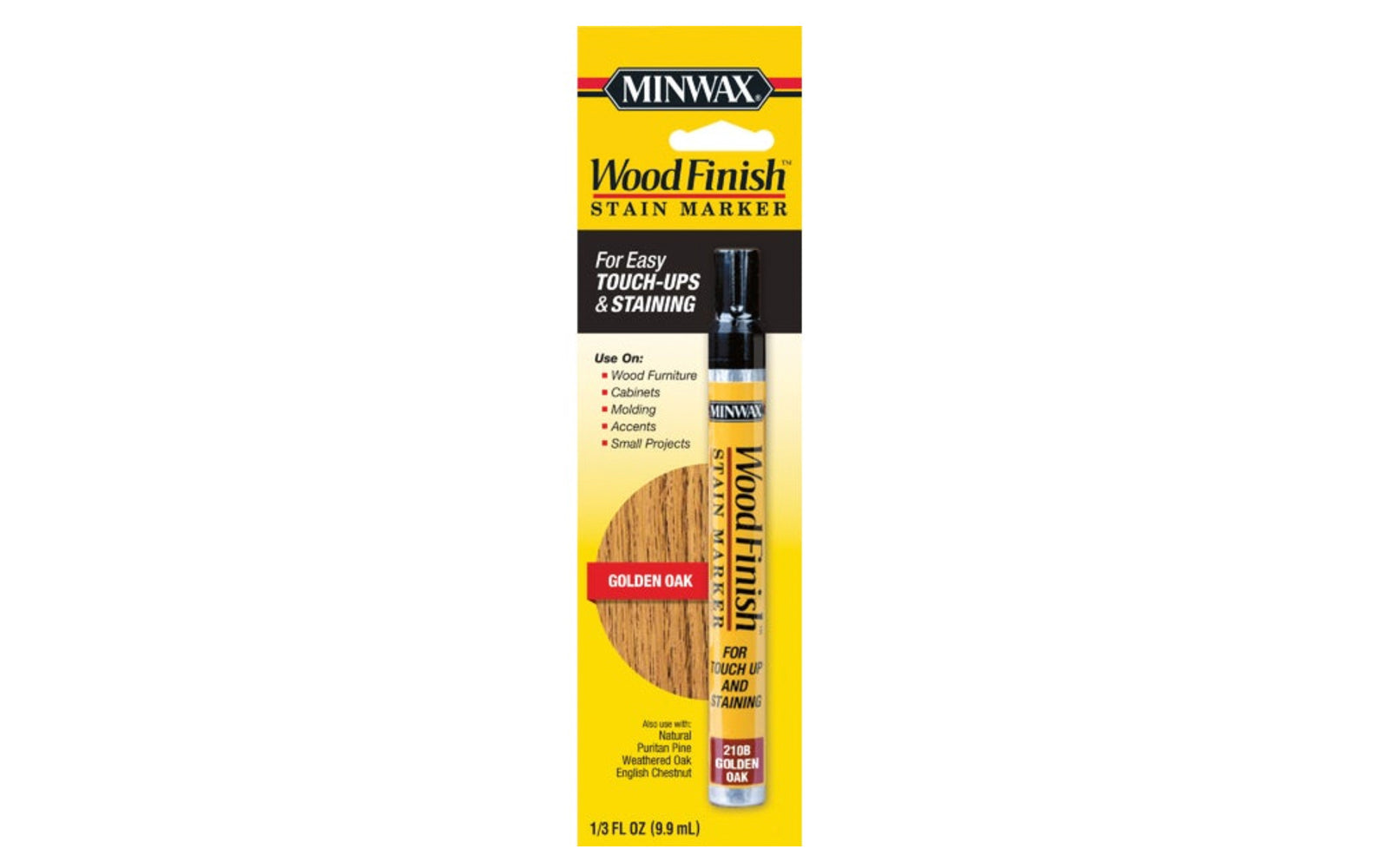 Minwax Stain Marker - Golden Oak. Color-matched to Minwax stains: Natural, Puritan Pine, Weathered Oak, English Chestnut finishes. For use on furniture, cabinets, wood molding, accents, small projects, other finished wood surfaces. Quick & easy touch-ups & staining. Minwax touch up stain pen. Touch-up stain marker.