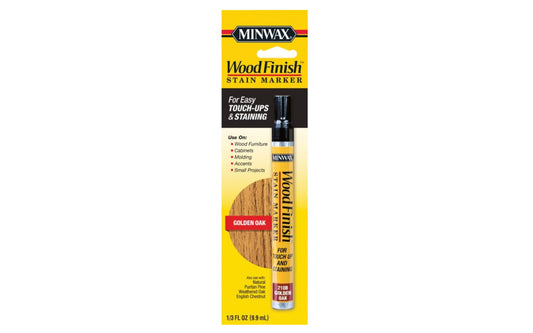 Minwax Stain Marker - Golden Oak. Color-matched to Minwax stains: Natural, Puritan Pine, Weathered Oak, English Chestnut finishes. For use on furniture, cabinets, wood molding, accents, small projects, other finished wood surfaces. Quick & easy touch-ups & staining. Minwax touch up stain pen. Touch-up stain marker.