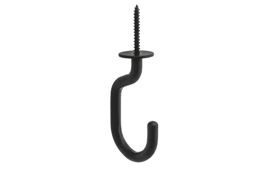 Black Finish Modern Ceiling J-Hook. Designed for interior use of hanging plants & planter pots. Sold as a single hook. Includes plastic anchor & washer. National Hardware model N275-523.