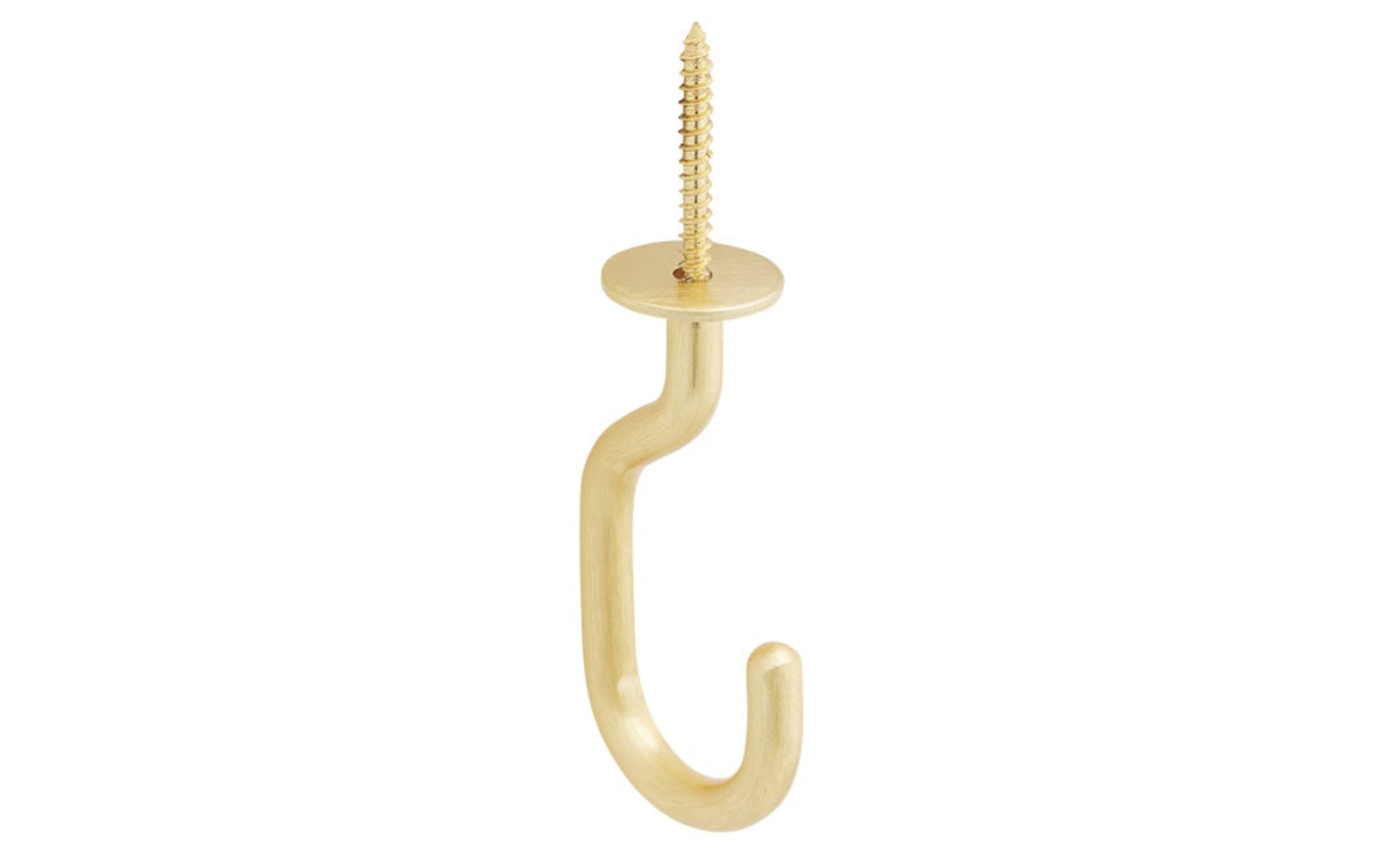 Brushed Gold (Brushed Brass) Modern Ceiling J-Hook. Designed for interior use of hanging plants & planter pots. Sold as a single hook. Includes plastic anchor & washer. National Hardware model N275-524.