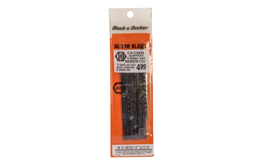 Black and Decker 10 TPI Jig Saw Blades, Medium Cut - 10 PK. Medium Cut - Good for side cutting action for scroll cutting up to 2" in wood - Also cuts masonite, plastic, etc. U-shank jigsaw blade.  Made in USA.