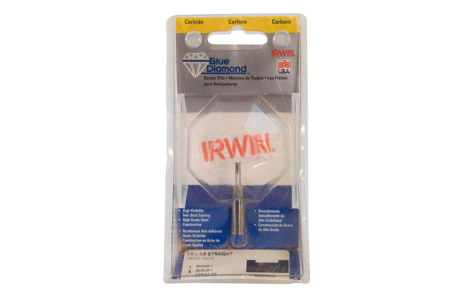 Irwin Carbide 1/8" x 3/8" Straight Router Bit - Made in USA. High grade Steel construction Router Bit. 3/8" depth. 1-5/8" overall length. 1/4" shank. Irwin Blue Diamond Model No. 520304. Made in USA.