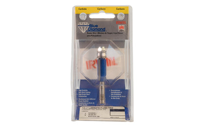  Irwin Carbide 1/2" x 1" Laminate Flush Trim Router Bit - Made in USA. High grade Steel construction Router Bit. 1" depth. 2-3/4" overall length. 1/4" shank. Irwin Blue Diamond Model No. 521101. Made in USA.