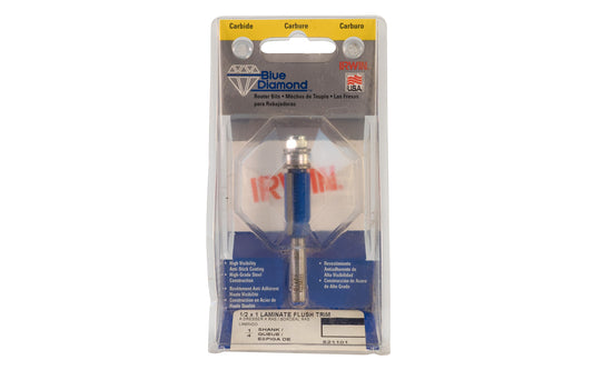  Irwin Carbide 1/2" x 1" Laminate Flush Trim Router Bit - Made in USA. High grade Steel construction Router Bit. 1" depth. 2-3/4" overall length. 1/4" shank. Irwin Blue Diamond Model No. 521101. Made in USA.