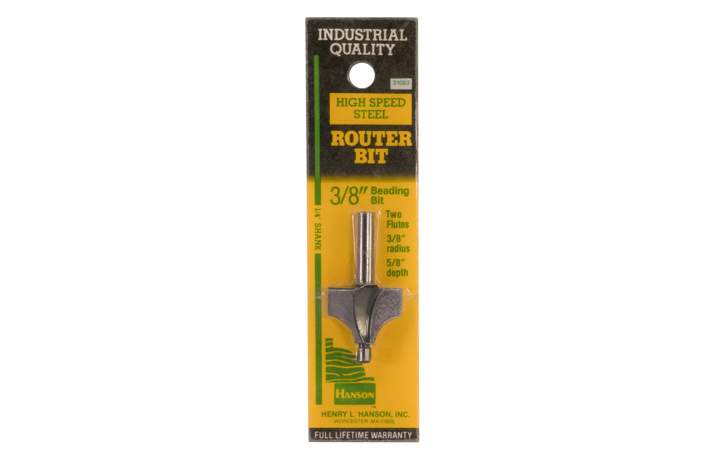 Hanson HSS 3/8" Beading Router Bit - Made in USA. High Speed Steel Router Bit. Two flutes. 5/8" depth. 3/8" radius. Hanson Model No. 31083. 1/4" shank. Made in USA. 042526310836