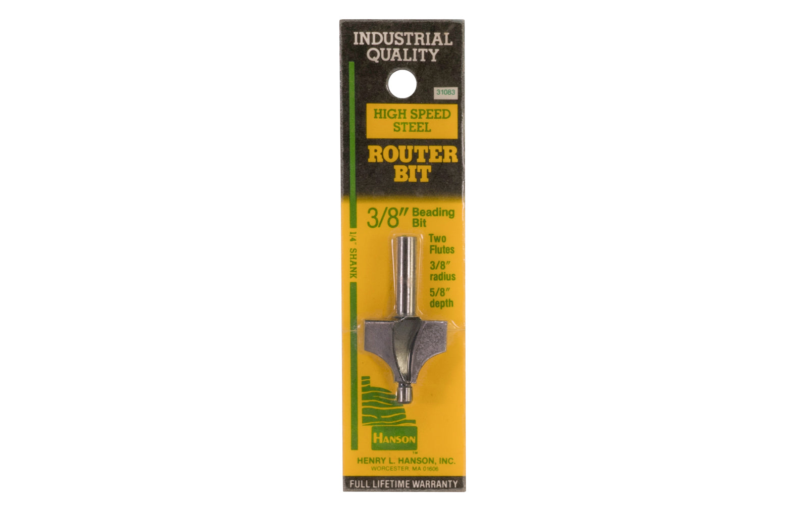 Hanson HSS 3/8" Beading Router Bit - Made in USA. High Speed Steel Router Bit. Two flutes. 5/8" depth. 3/8" radius. Hanson Model No. 31083. 1/4" shank. Made in USA. 042526310836