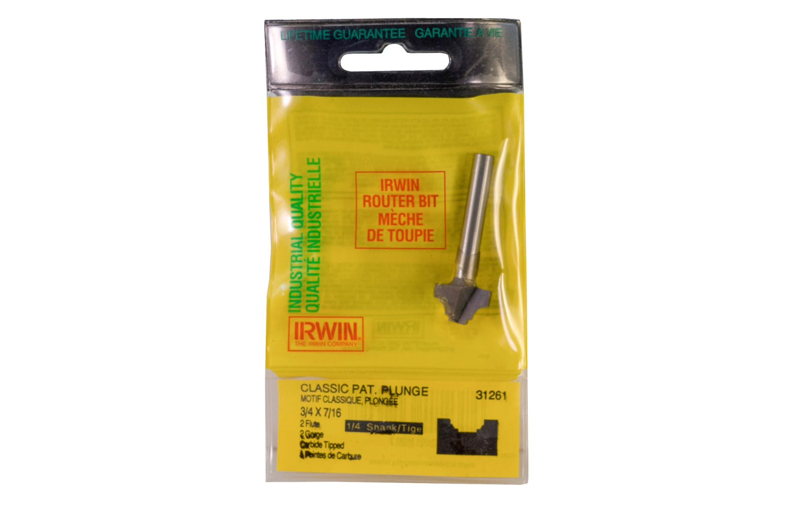 Irwin Carbide 3/4" Pat. Plunge Router Bit - Made in USA. Carbide Tipped Router Bit. 2" overall length. 1/4" shank. Irwin Model No. 31261. Made in USA.