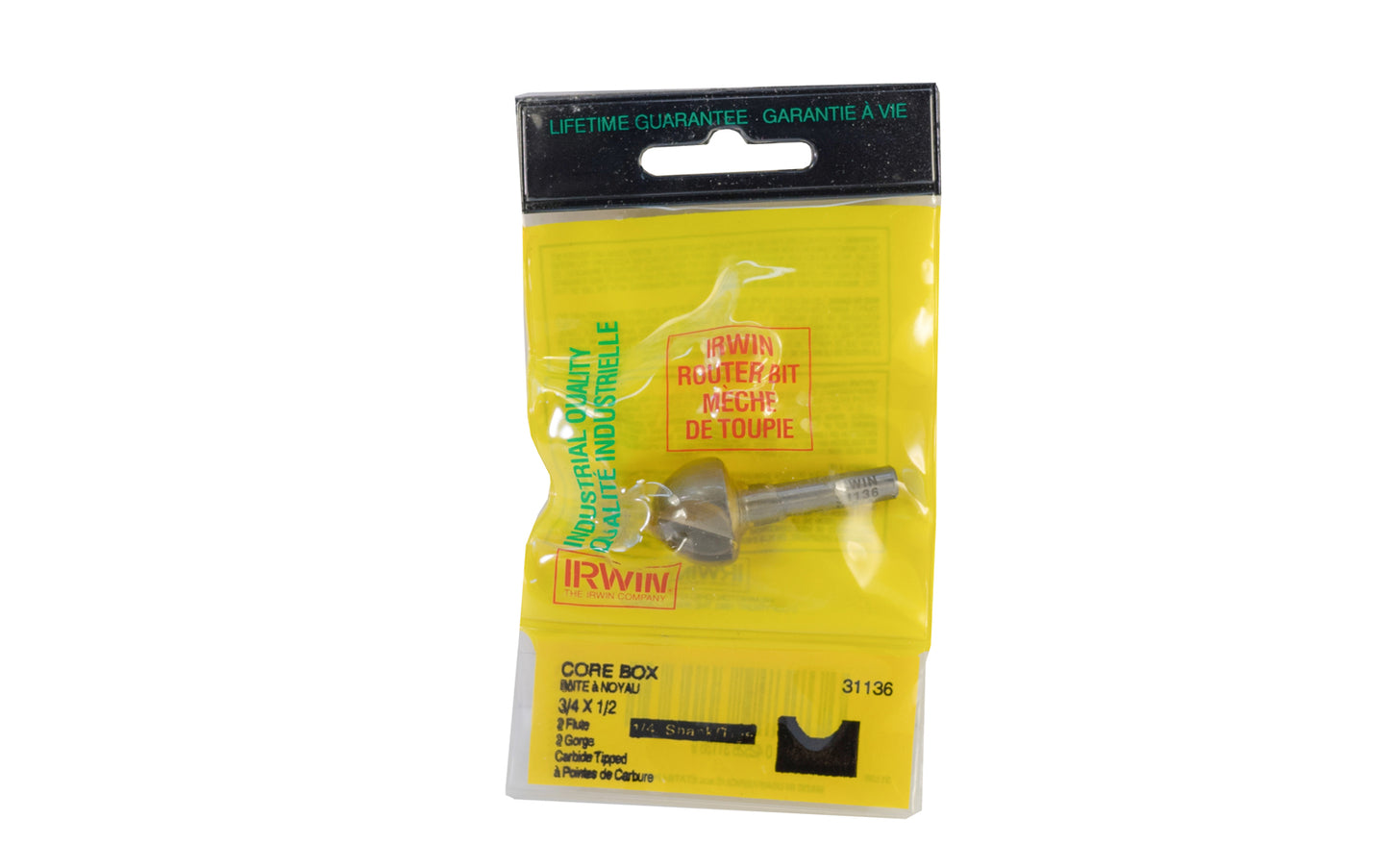 Irwin Carbide 3/4" Core Box Router Bit - Made in USA. Carbide Tipped Router Bit. 1-15/16" overall length. 1/4" shank. Irwin Model No. 31136. Made in USA.