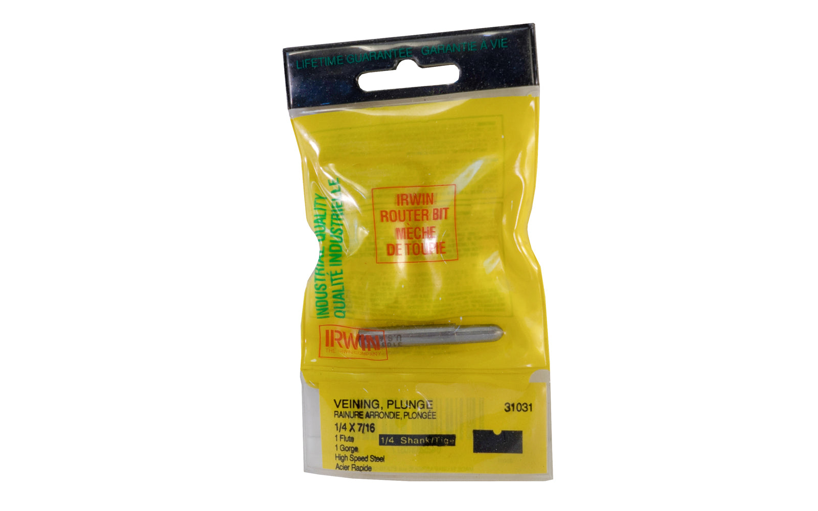 Irwin HSS Veining, Plunge Router Bit - Made in USA. High speed steel Router Bit. 1-7/8" overall length. 1/4" shank. Irwin Model No. 31031. Made in USA.