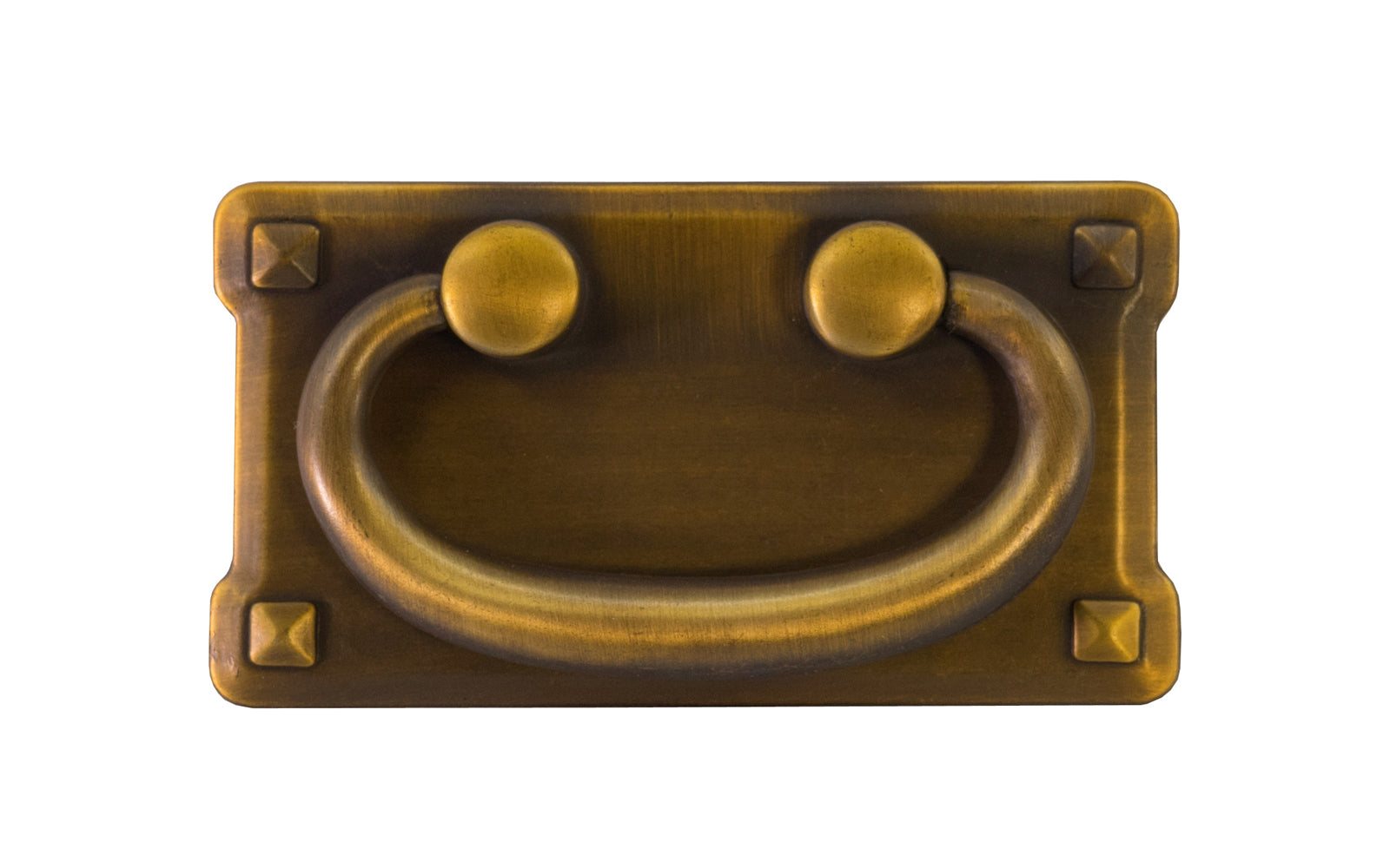 Vintage-style Hardware · Mission-Style Drop Pull ~ Larger Size designed in the Mission / Arts & Crafts style of hardware. 2" high x 3-3/4" wide plate size. Antique Brass Finish