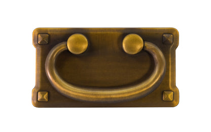 Vintage-style Hardware · Mission-Style Drop Pull ~ Larger Size designed in the Mission / Arts & Crafts style of hardware. 2" high x 3-3/4" wide plate size. Antique Brass Finish