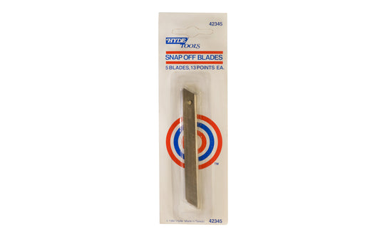 Hyde Tools Snap-Off Blades, 13 points - 5 Pack. Fits most 9 mm blade snap off knives. High Carbon Steel. 13 pt utility knife blades - 5 blades. Model 42345.