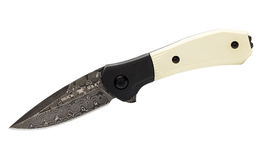 Buck Knives 590 Paradigm Folding Knife with Damascus Steel. Blade has raindrop pattern Damascus steel. 3" long blade. "Ivory G10" handle with DLC coated bolsters. Model 0590IVSLE-B. Pocket clip attached.  Made in USA. 