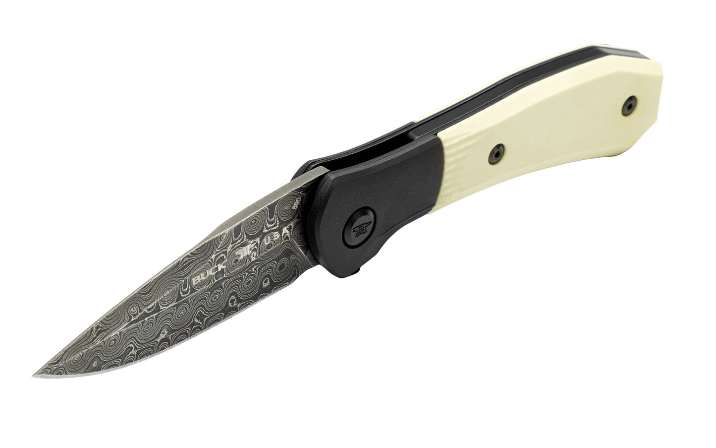 Buck Knives 590 Paradigm Folding Knife with Damascus Steel. Blade has raindrop pattern Damascus steel. 3" long blade. "Ivory G10" handle with DLC coated bolsters. Model 0590IVSLE-B. Pocket clip attached.  Made in USA. 