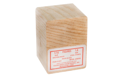 Young Bros 1/16" Size Steel Figures. These steel stamps are made with carbon tool steel & will mark material up to 50 on the Rockwell C scale. Special heat treated stamps so they won’t shatter under stress. Young Bros Machine made steel stamps. Includes wooden box for storage. Made in USA.