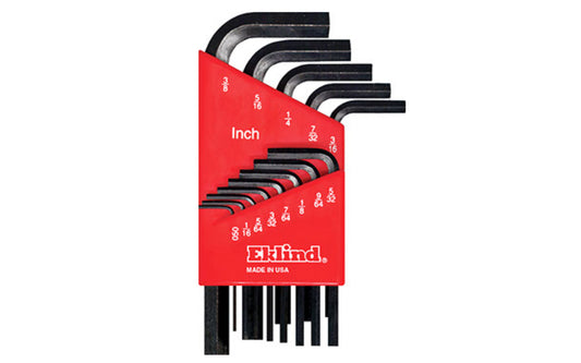 This Eklind 13-PC Hex-L Wrench Key SAE Set. .050", 1/16", 5/64", 3/32", 7/64",  1/8", 9/64", 5/32", 3/16", 7/32", 1/4", 5/16", 3/8" sizes. Allen wrench set is hardened, tempered & finished with Eklind black finish to resist rust. Plastic holder firmly retains each key. Eklind model 10113. Made in USA.