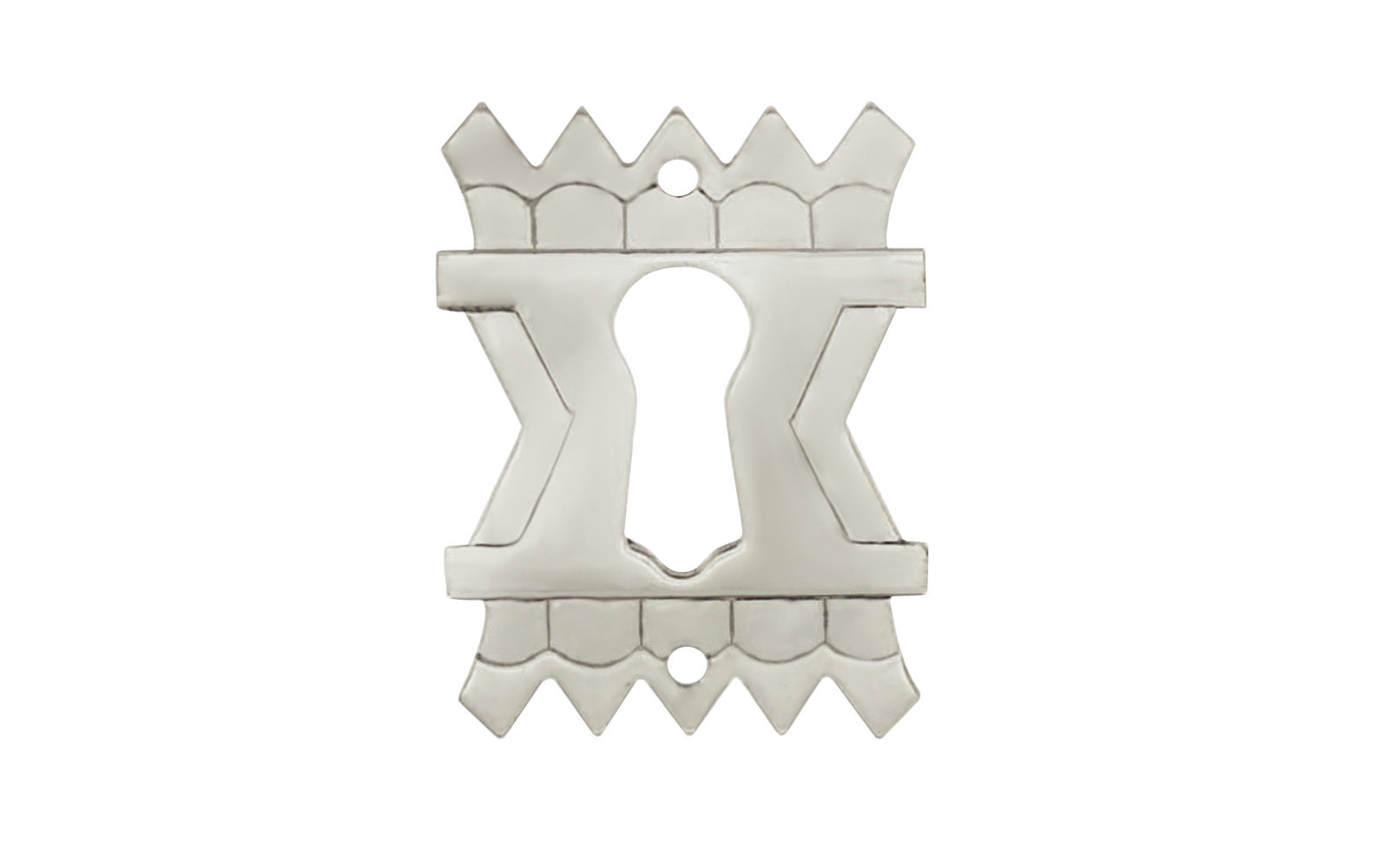 Vintage-style Hardware · Stylish stamped brass keyhole backplate with a special & intricate Eastlake design. The keyhole is made of high quality solid brass material. Designed in the Late Victorian / Eastlake style of hardware, but suitable for other periods including Craftsman & Art Deco styles. Polished Nickel Finish.