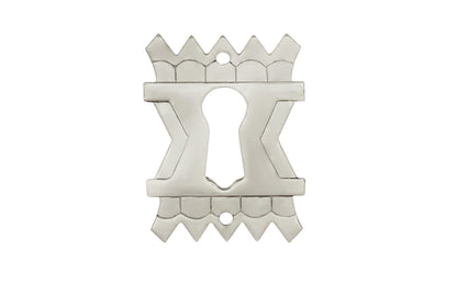 Vintage-style Hardware · Stylish stamped brass keyhole backplate with a special & intricate Eastlake design. The keyhole is made of high quality solid brass material. Designed in the Late Victorian / Eastlake style of hardware, but suitable for other periods including Craftsman & Art Deco styles. Polished Nickel Finish.
