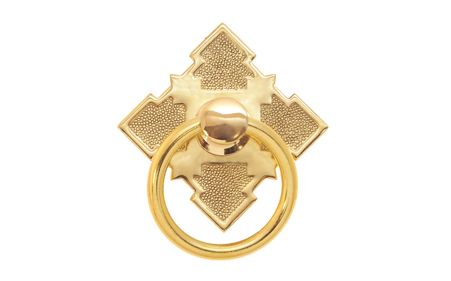 Vintage-style Hardware · Stylish ring pull with a stamped brass backplate with a special & intricate Eastlake design. The cabinet ring pull is made of high quality solid brass material. Designed in the Late Victorian / Eastlake style of hardware, but suitable for other periods including Craftsman & Art Deco styles. Unlacquered Brass (will patina over time)