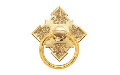 Vintage-style Hardware · Stylish ring pull with a stamped brass backplate with a special & intricate Eastlake design. The cabinet ring pull is made of high quality solid brass material. Designed in the Late Victorian / Eastlake style of hardware, but suitable for other periods including Craftsman & Art Deco styles. Unlacquered Brass (will patina over time)