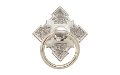 Vintage-style Hardware · Stylish ring pull with a stamped brass backplate with a special & intricate Eastlake design. The cabinet ring pull is made of high quality solid brass material. Designed in the Late Victorian / Eastlake style of hardware, but suitable for other periods including Craftsman & Art Deco styles. Polished Nickel Finish.