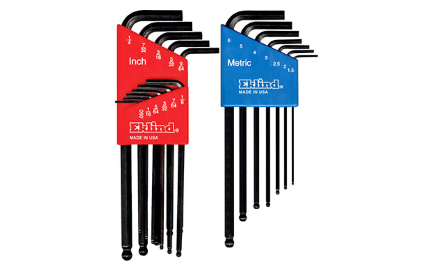 Eklind Ball Hex-L Wrench Key Sets - SAE & Metric. Wrench Key Sets are manufactured using the finest quality alloy steel. It is hardened, tempered & finished with Eklind black finish to resist rust. All Eklind allen keys meet or exceed ANSI B18.3 & Fed Spec. GGG-K-275D. Industrial quality allen wrench set. Made in USA.