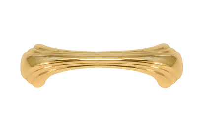 Vintage-style Hardware · A classic solid brass "Art Deco" handle pull with a streamlined 1930's look. 3" On Centers. Authentic reproduction pull designed in the 1930's, Streamline, Machine Age, Art Deco style of hardware. 3" center to center. Unlacquered brass (will patina naturally over time). Non-lacquered brass. Un-lacquered brass.