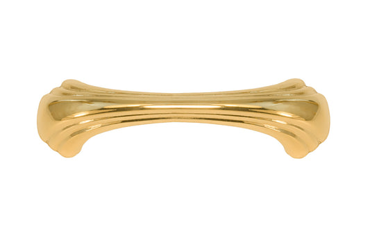 Vintage-style Hardware · A classic solid brass "Art Deco" handle pull with a streamlined 1930's look. 3" On Centers. Authentic reproduction pull designed in the 1930's, Streamline, Machine Age, Art Deco style of hardware. 3" center to center. Unlacquered brass (will patina naturally over time). Non-lacquered brass. Un-lacquered brass.