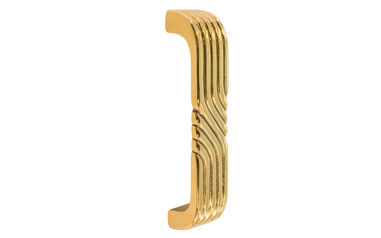 Vintage-style Hardware · A classic solid brass "Art Deco" handle pull with a streamlined 1930's look. 3-1/2" On Centers. Authentic reproduction pull designed in the 1930's, Streamline, Machine Age, Art Deco style of hardware. 3-1/2" center to center. Unlacquered brass (will patina naturally over time). Non-lacquered brass. Un-lacquered brass.