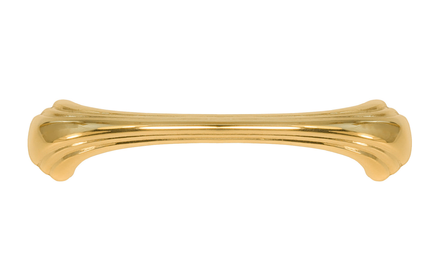 Vintage-style Hardware · A classic solid brass "Art Deco" handle pull with a streamlined 1930's look. 4" On Centers. Authentic reproduction pull designed in the 1930's, Streamline, Machine Age, Art Deco style of hardware. 4" center to center. Unlacquered brass (will patina naturally over time). Non-lacquered brass. Un-lacquered brass.
